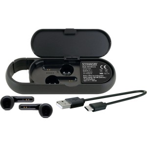 Schwaiger TWS Kopfhörer mit Ladeschale, USB-Kabel und Bluetooth Lautsprecherfunktion.
