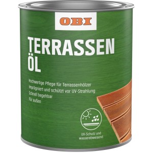 Dose OBI Terrassenöl Bangkirai für Holzterrassen, schützt vor UV-Strahlung und Witterungseinflüssen.