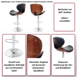 MCW Barhocker Arklow, Walnuss-Optik mit schwarzem Kunstleder, höhenverstellbar und drehbar.