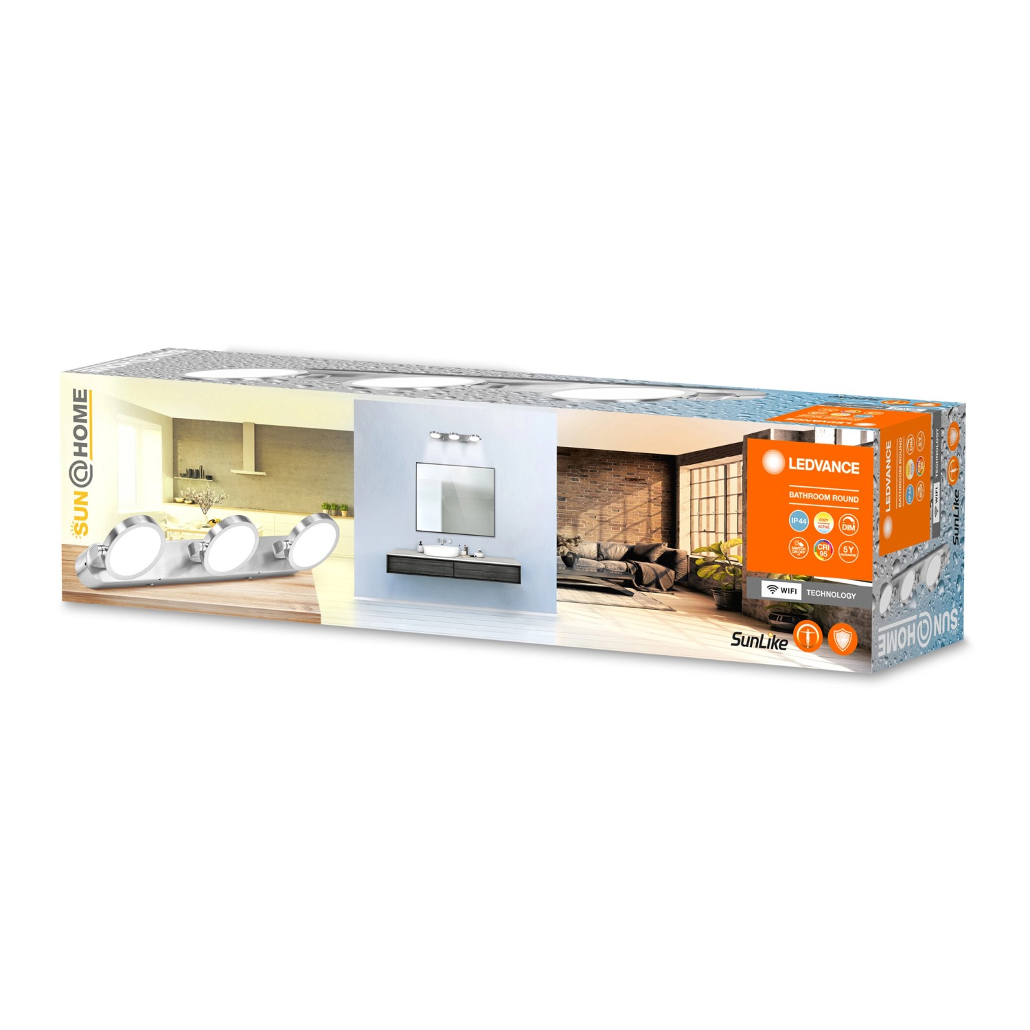 Verpackung der Ledvance Sun@Home Smart+ Badezimmerleuchte, silber, Ø 45 cm.