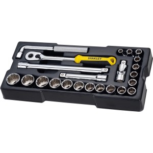 Stanley Steckschlüssel-Set, 23-teilig, 1/2 Zoll, 12-Kant, mit Knarre, Verlängerungen und Kardangelenk im Koffer.