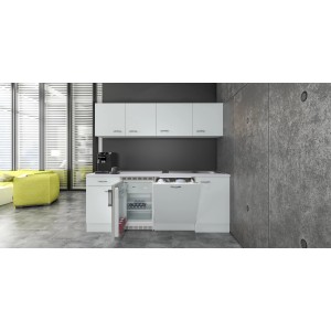 Flex-Well Classic Büroküche Wito, 210 cm, Weiß, mit Kühlschrank und Geschirrspüler.