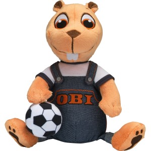 OBI Biber Plüschtier mit Fußball, orange, mit Jeanslatzhose, ideales Geschenk für Fußballfans.