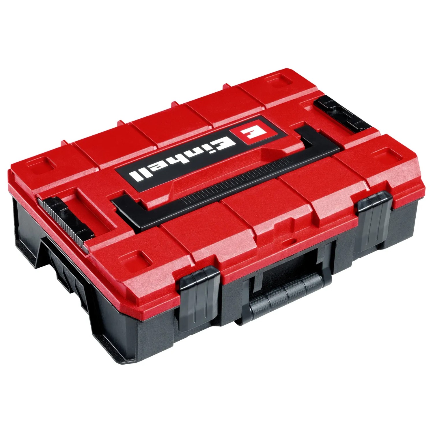 Roter Einhell Werkzeugkoffer E-Case, 80-teilig, mit schwarzem Griff und Verschlüssen.
