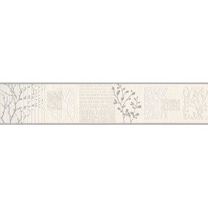 A.S. Création Bordüre mit floralen Ranken in Weiß und Silber für Wandgestaltung.