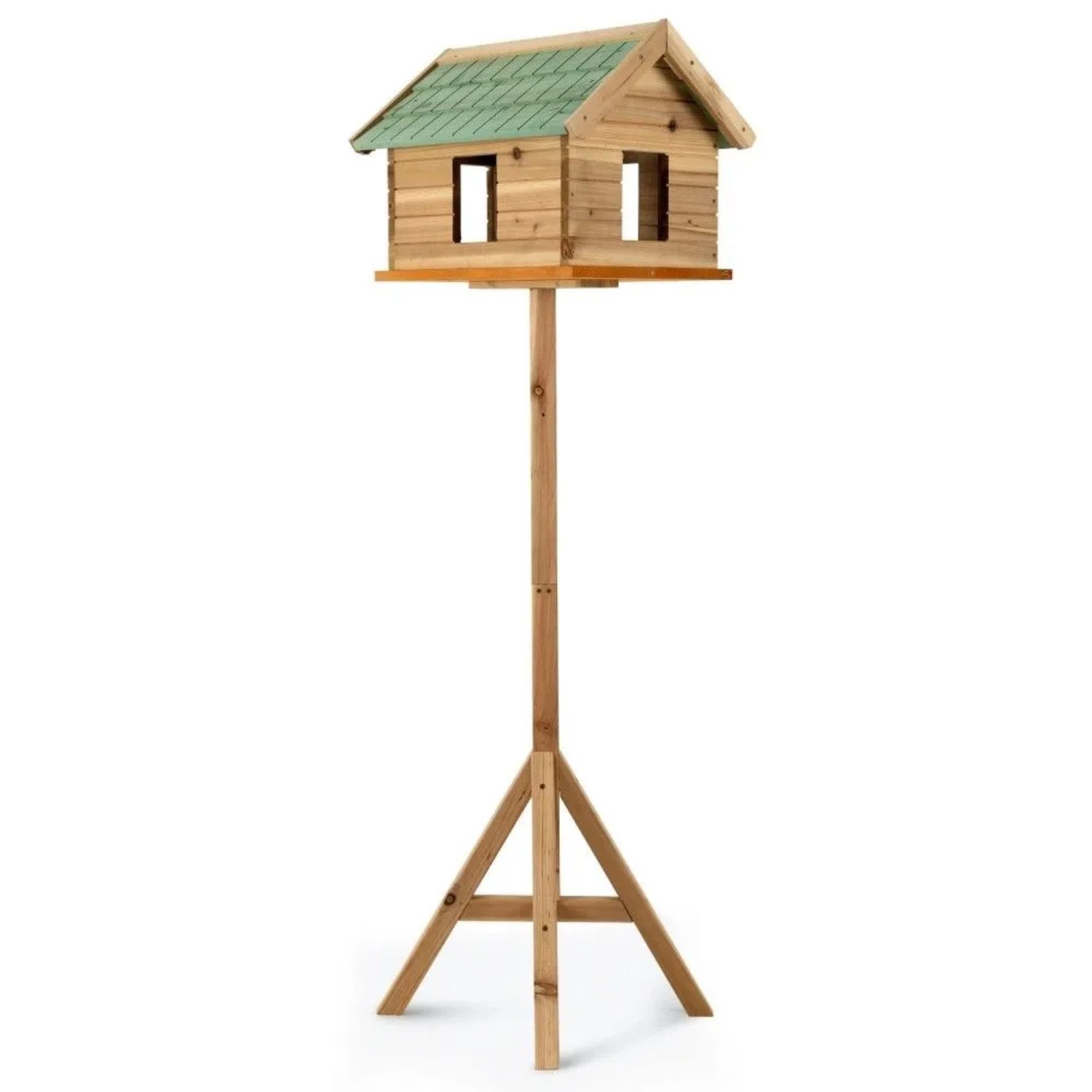 Moorland Vogelhaus aus Holz mit grünem Dach und stabilem Ständer.