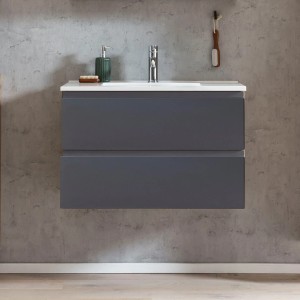 Held Möbel Waschtisch Ancona, 80 cm, matt Grau-Wotaneiche, mit 2 Schubladen und Mineralgussbecken.