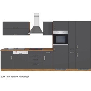 Moderne Küchenzeile Sorrento, 360 cm, Anthrazit und Wotaneiche Dekor mit E-Geräten.