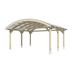 Skan Holz Doppelcarport Franken mit gebogenem Dach und sechs Pfosten aus Leimholz.