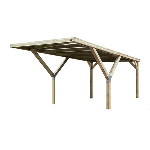 Weka Y-Einzelcarport Mugello A aus kesseldruckimprägniertem Holz mit flachem Dach und vier Pfosten.