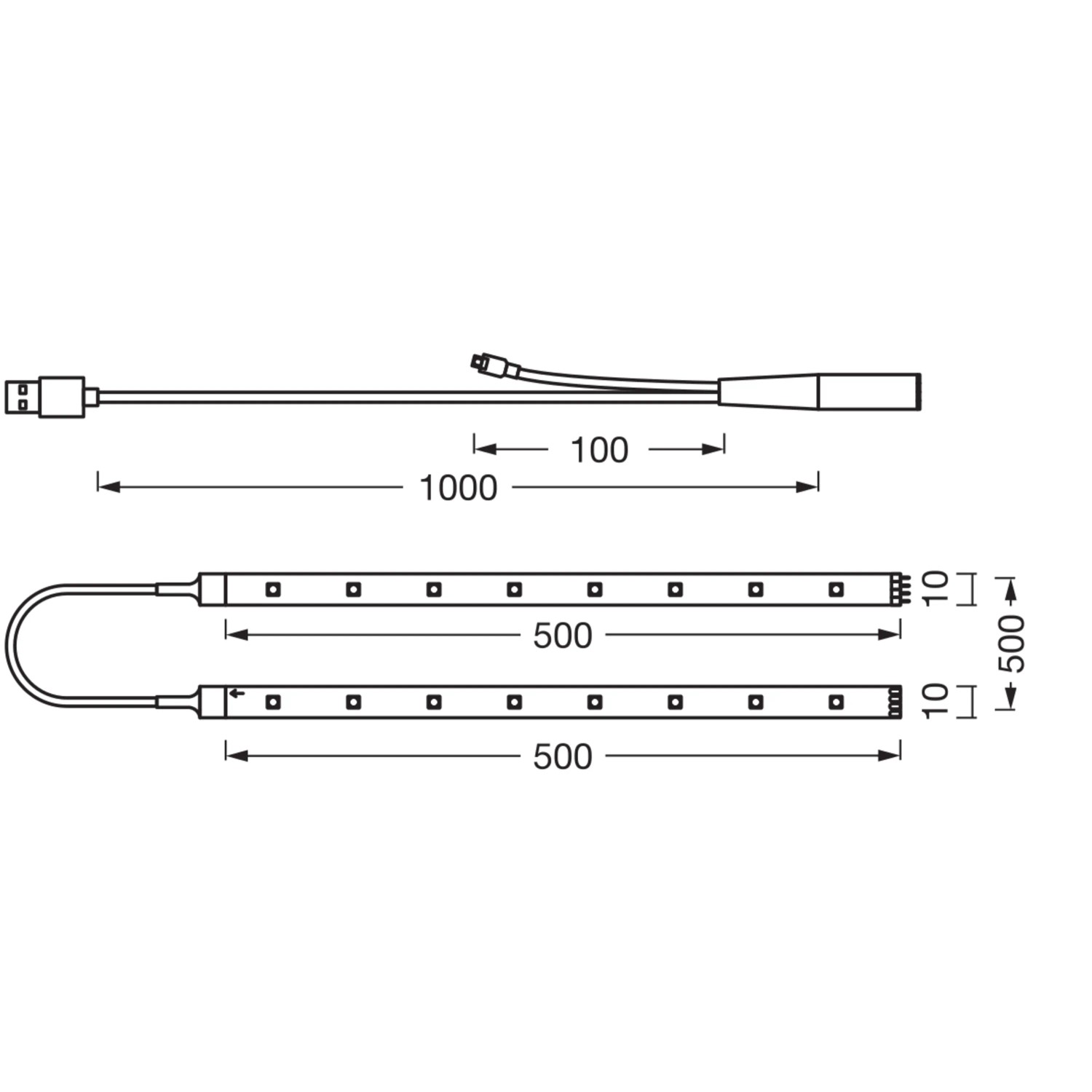 Skizze des Ledvance LED-Streifen Flex TV, USB-betriebenes Stimmungslicht mit Fernbedienung, RGB, 150 cm.