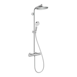 Hansgrohe Crometta Duschsystem mit Kopf- und Handbrause, Thermostat in Chrom/Weiß.
