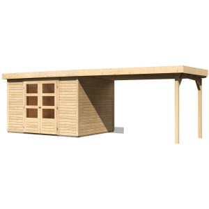 Karibu Holz-Gartenhaus Boras mit Flachdach und Anbau, unbehandelt.