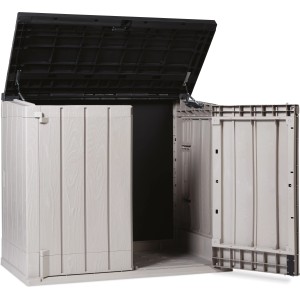 Geöffnete Toomax Mülltonnenbox Stora Way Plus XL, 2-fach, Taupe-Anthrazit, für zwei Mülltonnen.