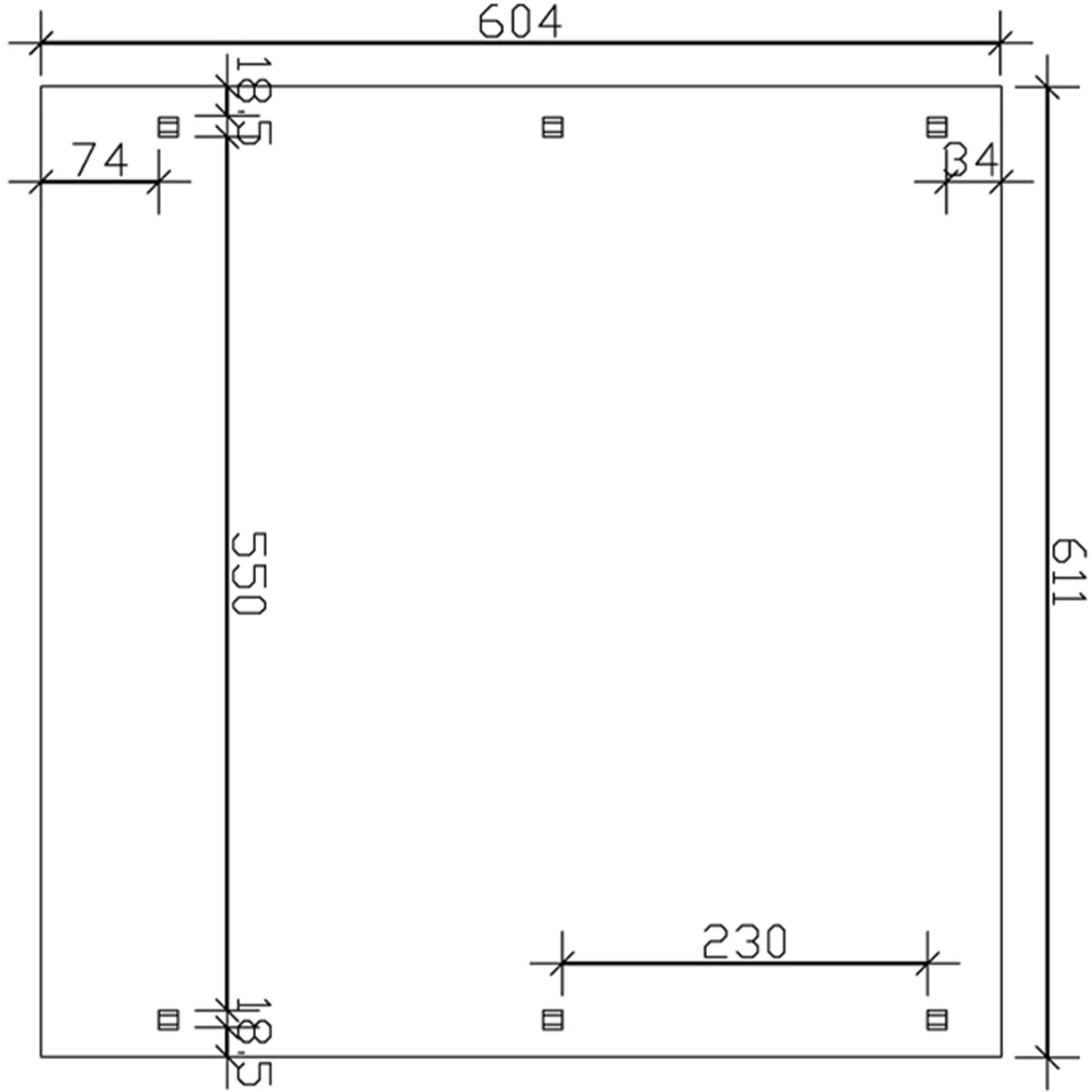 Technische Zeichnung des Skan Holz Carport Spessart (611x604 cm) mit Maßangaben.