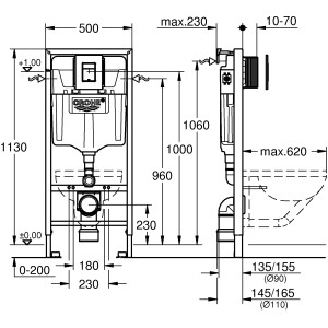 Technische Zeichnung des Grohe QuickFix Vorwandelements Solido für WC mit Maßen.