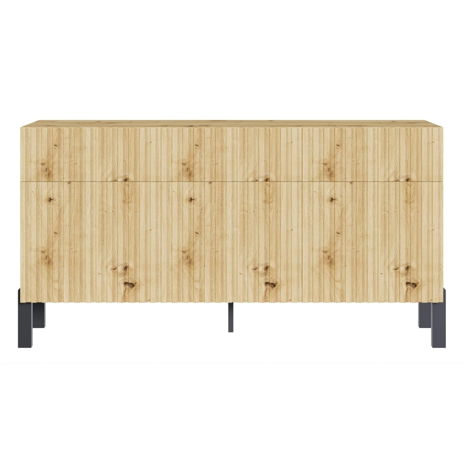 Modernes Selsey Sideboard Telire in Artisan Eiche. Dreitürig, mit drei Schubladen, Lamellenfront und schwarzen Metallfüßen.