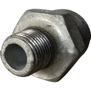 Reduziernippel aus Temperguss, verzinkt, mit zwei Außengewinden (1 Zoll x 1/2 Zoll).