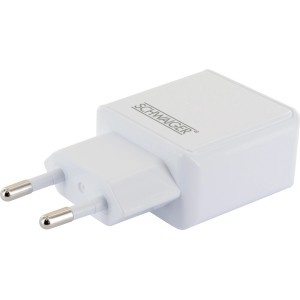 Weißes Schwaiger Ladegerät mit 2 USB-Anschlüssen (2.4A) für Handy-Zubehör.