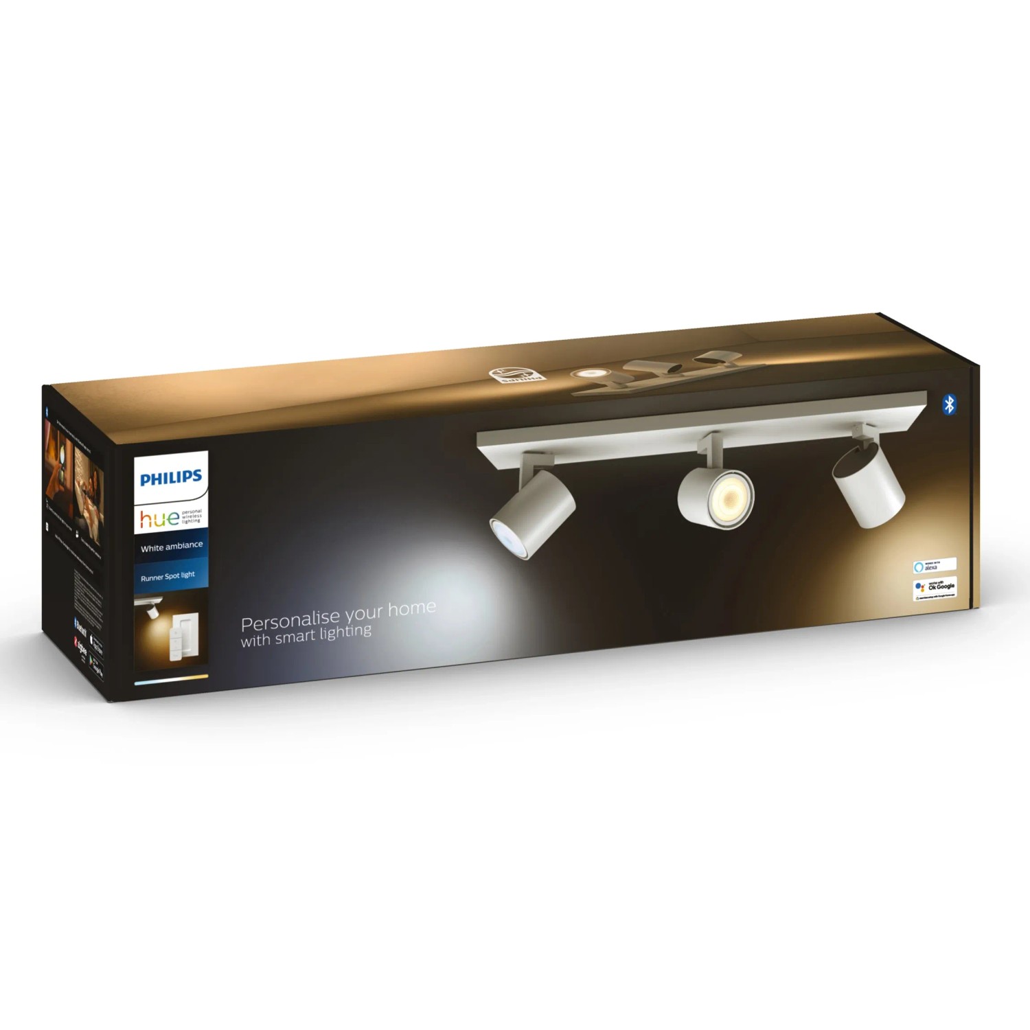 Verpackung der weißen Philips Hue LED Deckenleuchte Runner, 3-flammig mit Dimmer.