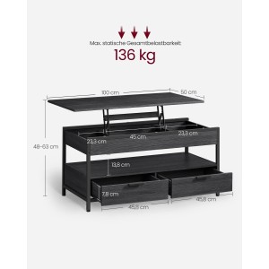 Vasagle Kaffeetisch, höhenverstellbar, anthrazitgrau, mit Schubladen und Stauraum. Belastbarkeit 136 kg.