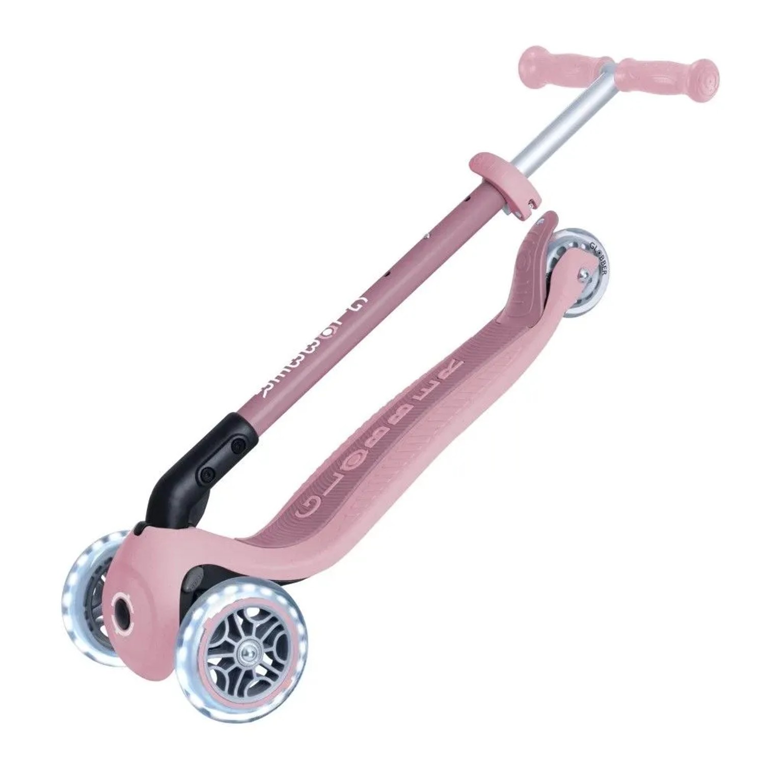 Globber Primo Foldable Lights Tretroller, 3-rädrig, beere, mit leuchtenden LED-Rollen, im zusammengeklappten Zustand.