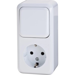 Weiße Aufputz Schalterkombination mit Steckdose und Lichtschalter für den Innenbereich.