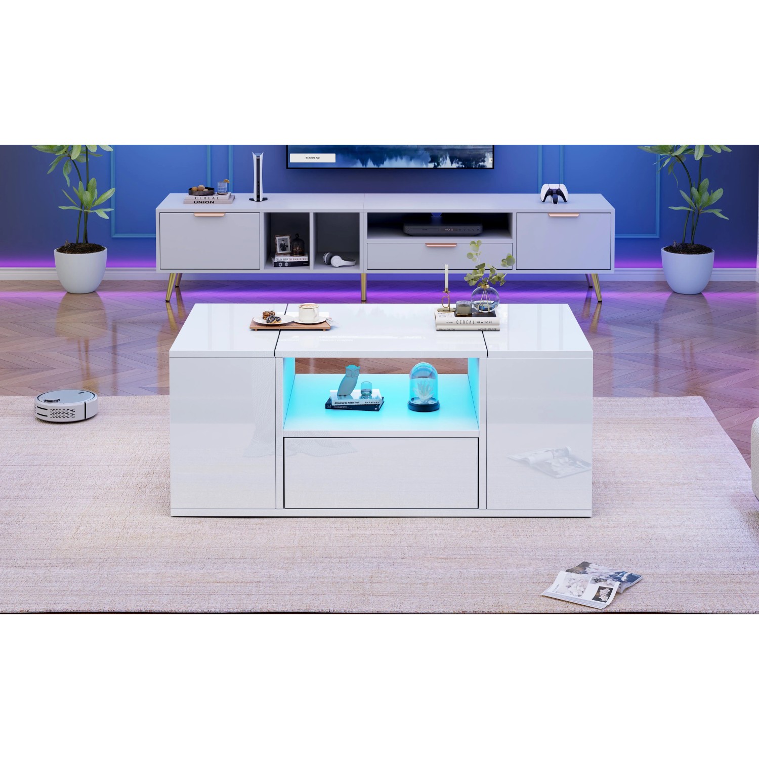 okwish Couchtisch mit LED Beleuchtung Schublade Stauraum Wohnzimmer 100x50x40cm Weiß_9