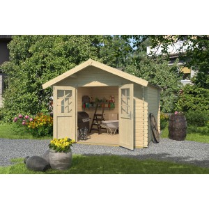 Unbehandeltes Weka Holz-Gartenhaus mit Satteldach und geöffneten Doppeltüren im Garten.