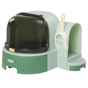 PawHut Katzentoilette in Grün mit transparenter Tür, integrierter Schaufel und Stufen für einfache Reinigung.
