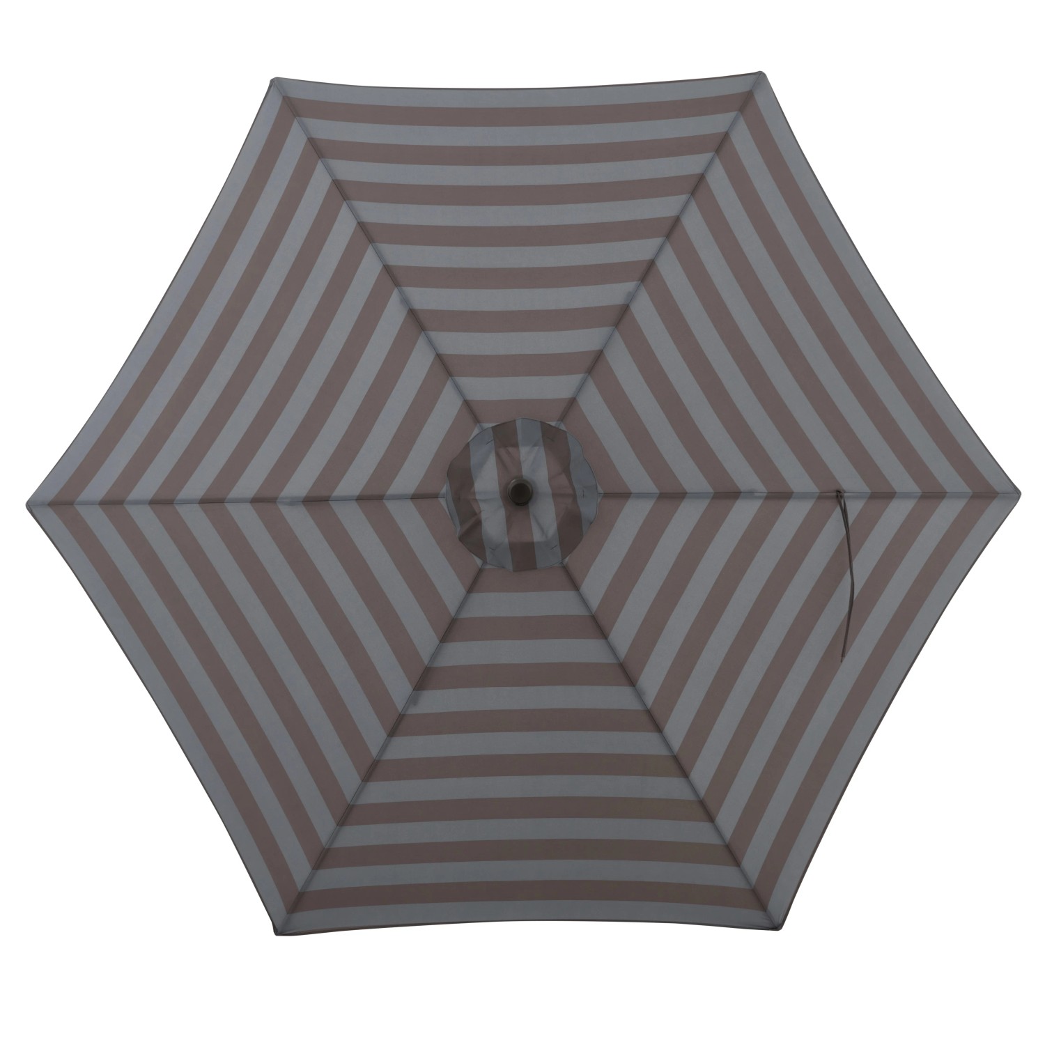 Doppler Marktschirm MyZone blau-grau, gestreift, von unten. Sonnenschirm mit Knickfunktion.