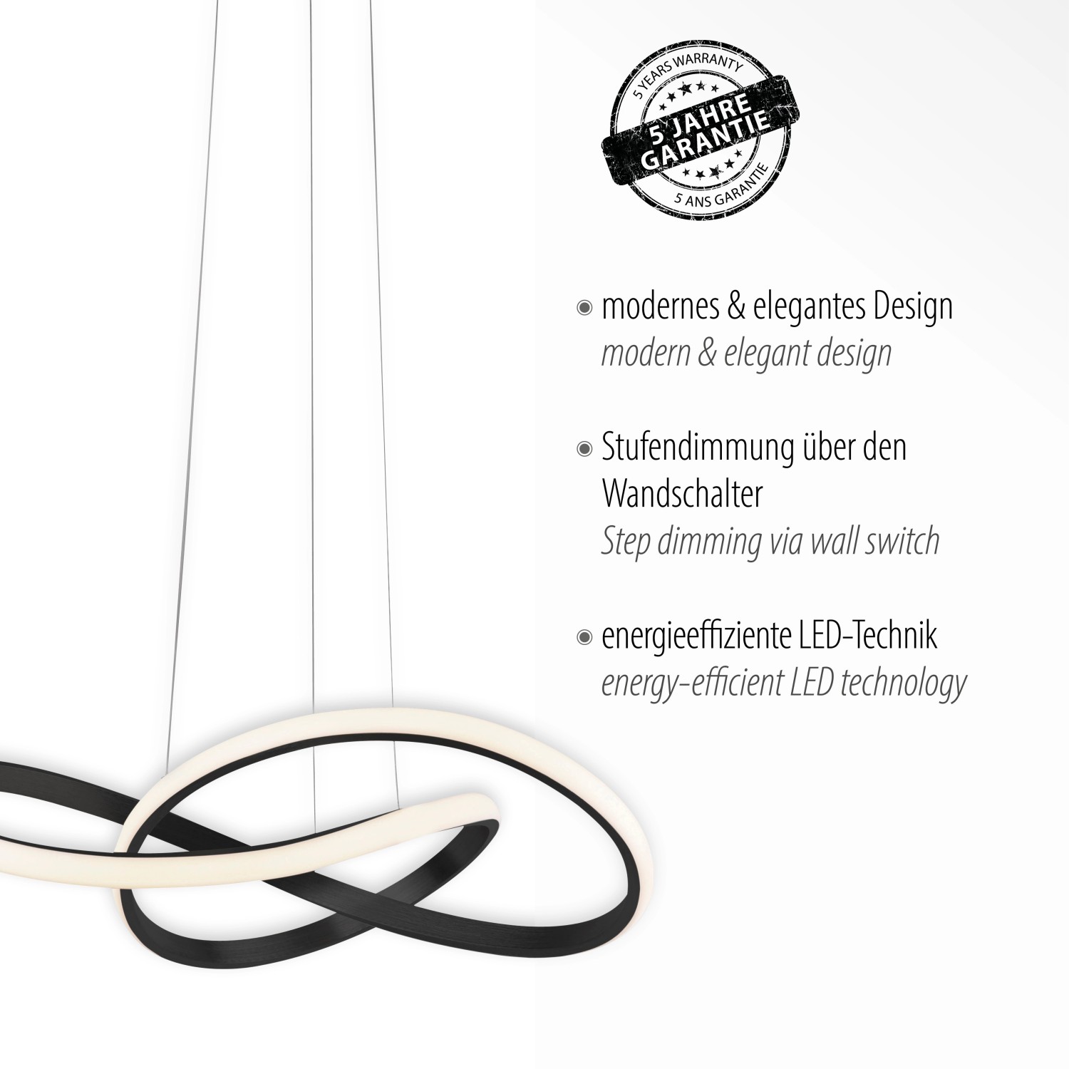 Moderne, schwarze LED-Pendelleuchte Maria, 57x120cm, dimmbar, für Wohnbereich.