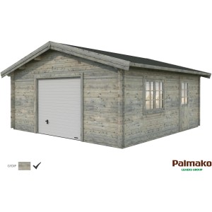 Graue Palmako Holzgarage Roger mit Sektionaltor, Fenster und Tür. Fertiggarage aus Holz.