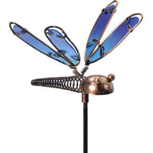 Gartenstecker Libelle Blau, 95 cm, aus Metall und Glas für Beet und Topf.