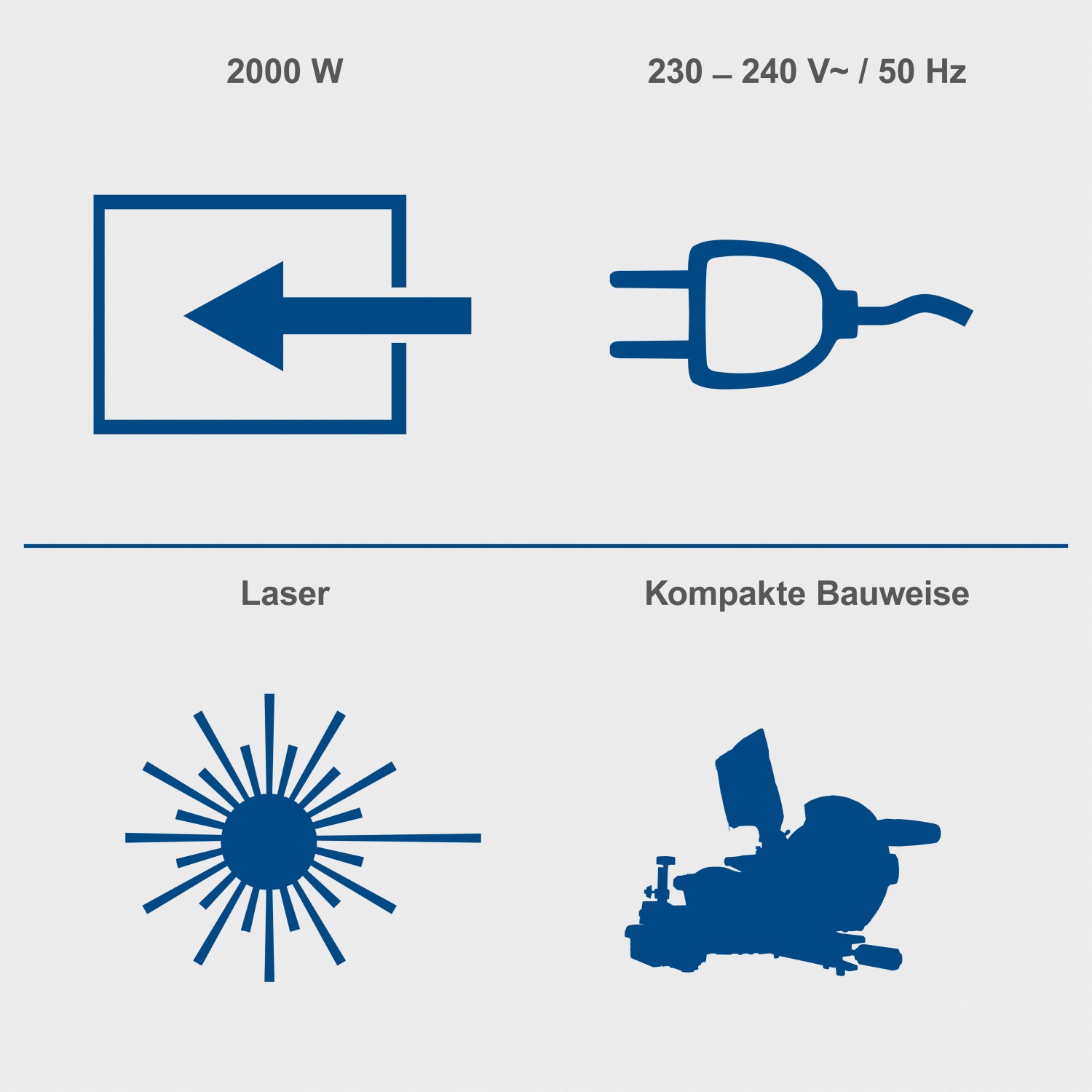 Symbole: 2000W Leistung, Netzstecker, Laser, kompakte Bauweise der Scheppach HM216 Kapp-, Zug- und Gehrungssäge.