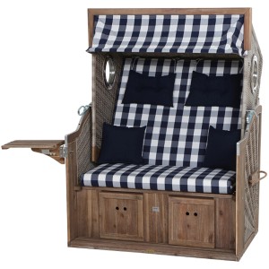 Trendy Strandkorb Greenline 135+ mit blau-weiß kariertem Dessin und Akazienholz.