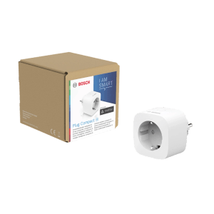 Weißer Bosch Smart Home Zwischenstecker Kompakt +M mit Verpackung. Smarte Steckdose für Hausautomation, Matter-kompatibel.