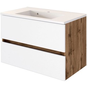 Held Möbel Einzelwaschtisch Bari, 80 cm, Weiß Matt mit zwei Schubladen und Holzdekor.