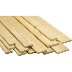 Stapel gehobelter, unbehandelter Glattkantbretter aus Fichte/Tanne, 26x142x2100 mm.