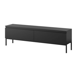 Selsey TV-Lowboard Bemmi 150 cm, schwarz, mit zwei Fächern und schlanken schwarzen Metallbeinen. Modernes Design.