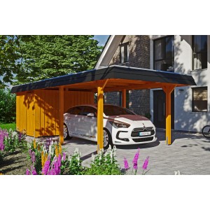 Skan Holz Carport Wendland Eiche hell mit Anbau und schwarzer Blende, Auto steht darunter.