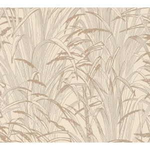 Beige Vliestapete mit Gräser-Motiv, glänzend und leicht strukturiert.
