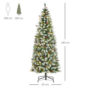 HOMCOM Weihnachtsbaum 1,8 m, künstlich, mit 618 beschneiten Zweigen, LED-Lichtern, Beeren & Tannenzapfen, Ø65 cm.