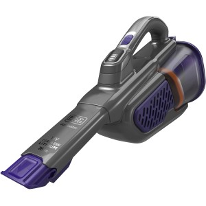 Black+Decker Akku-Handstaubsauger Pet BHHV520BFP mit Tierhaarbürste in Grau und Lila.