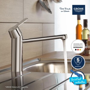 Grohe QuickFix Küchenarmatur Get, Chrom, mit mittelhohem, schwenkbarem Auslauf.