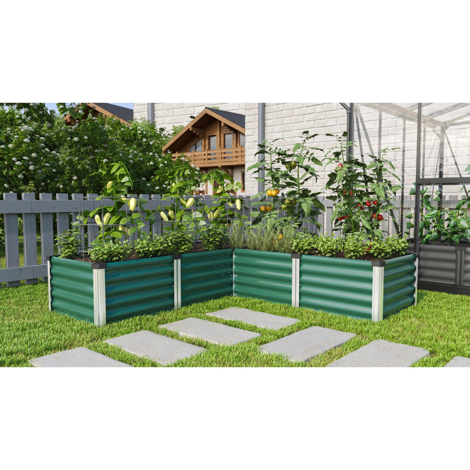 L-förmiges, grünes Vitavia Linus Hochbeet aus Metall mit Pflanzen im Garten.