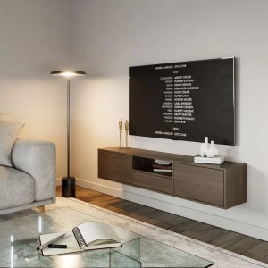 Selsey TV-Hängeboard Framme 150 cm in Walnuss-Holzoptik mit Ablagen. Modernes, wandmontiertes TV-Möbel für Wohnzimmer.
