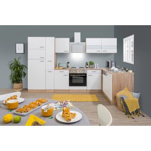 Respekta Winkelküche KBL310ESWS, 310 cm, Weiß/Eiche Sonoma Nachbildung mit E-Geräten.