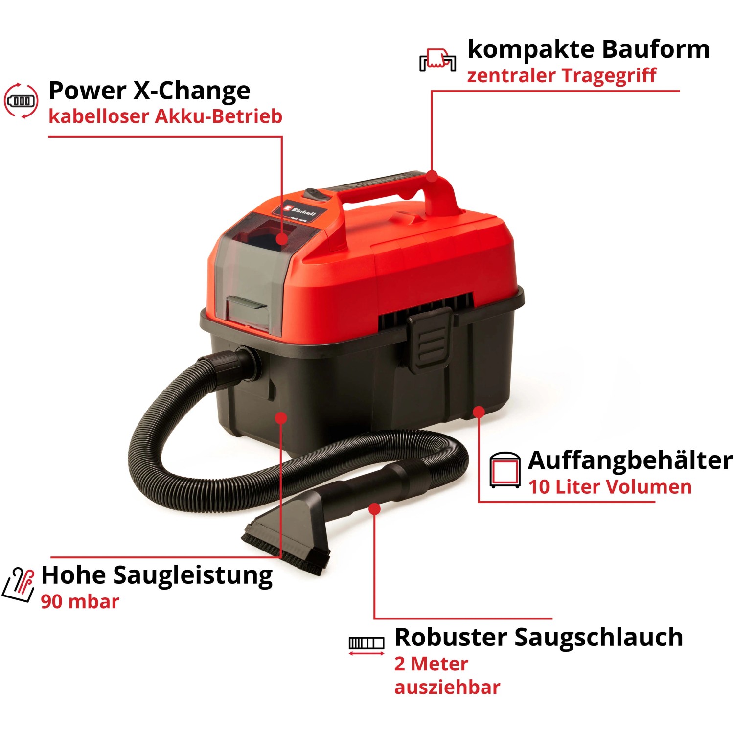 Einhell Akku-Nass-Trockensauger TE-VC 18/10 Li-Solo: rot-schwarzer Sauger mit Schlauch und Düse.