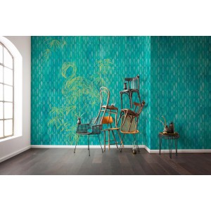 Komar Vlies Fototapete Wild Flamingo, 400x250 cm, mit Flamingo-Motiv in Grün- und Türkistönen.